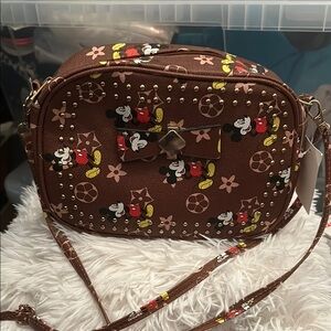 Brown and Red Crossbody Bag with Floral Pattern